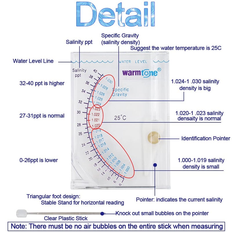 Abnaok Salinity Tester, Sea Specific Gravity Test for Fish Tank Pond Water Saltwater Freshwater, Accurate Automatic Hydrometer - Image 3